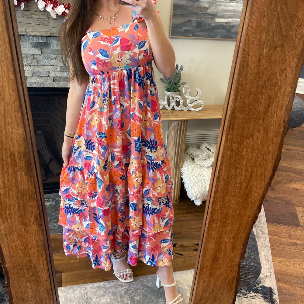 Coral Floral Print Tiered Maxi Dress